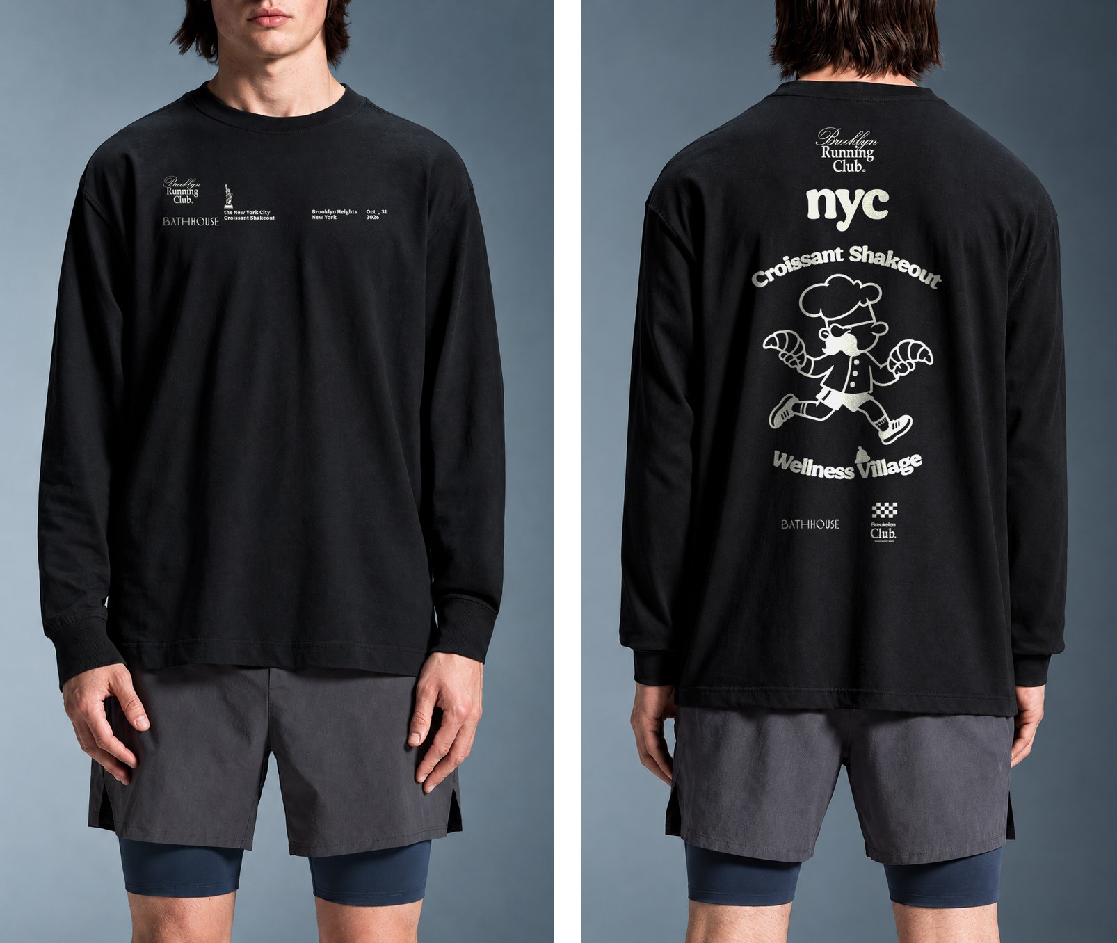 Two models in black long-sleeves: the front shows Bathhouse under the Brooklyn Running Club mark, the back shows the chef croissant art with Bathhouse beside Breukelen Club